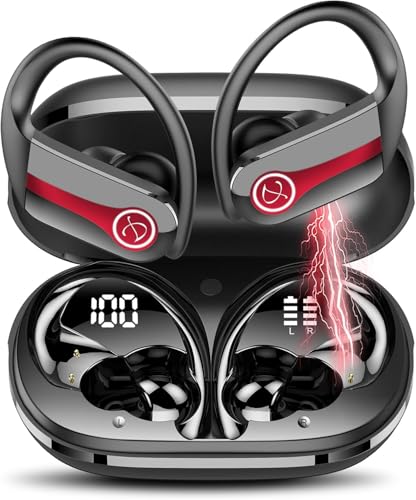 Btootos Bluetooth Kopfhörer Sport, Kabellos Kopfhörer mit Bluetooth 5.3, HD Mikrofon, 50 Std. Spielzeit, Dual LED-Anzeige, IPX7 Wasserdicht, In-Ear Ohrhörer für Fitness Outdoor, Schwarz-Rot von Btootos