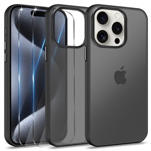 Btstring Hülle für iPhone 15 Pro mit 2 Stück Schutzfolie, Minimalistische Transluzente Matte Schutzhülle, Stoßfeste Kratzfeste Anti-Fingerabdruck Case, Schwarz von Btstring