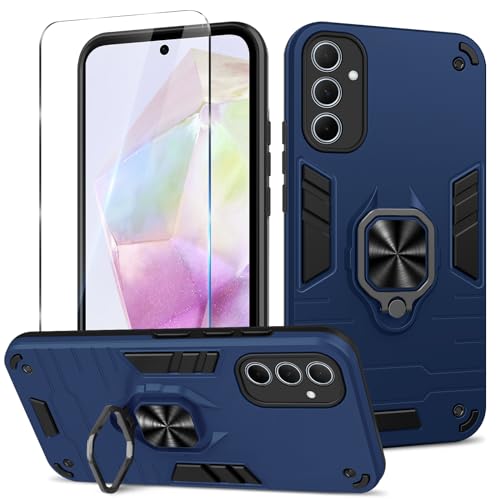 Btstring Hülle kompatibel mit Samsung Galaxy A35 mit Schutzfolie, Militär Standard Stoßfest Handyhülle Case Hybrid Metall Ring Halter Schutzhülle Handy Hüllen Cover- Blau von Btstring