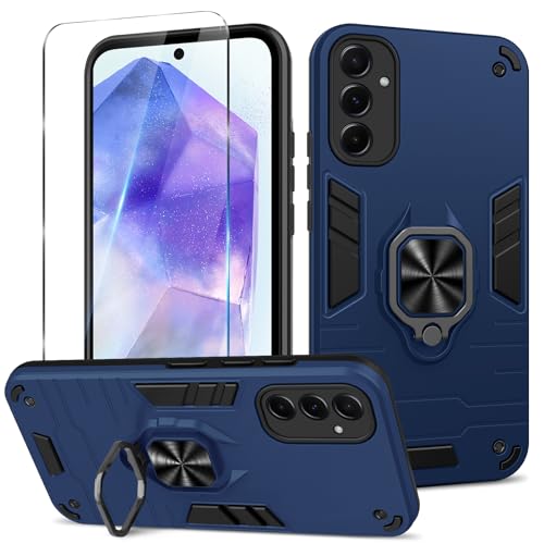 Btstring Hülle kompatibel mit Samsung Galaxy A55 mit Schutzfolie, Militär Standard Stoßfest Handyhülle Case Hybrid Metall Ring Halter Schutzhülle Handy Hüllen Cover- Blau von Btstring