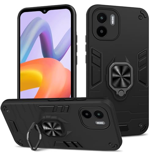 Btstring Hülle kompatibel mit Xiaomi Redmi A2/A1, Militär Standard Stoßfest Handyhülle Case Hybrid Metall Ring Halter Schutzhülle Handy Hüllen Cover -Schwarz von Btstring