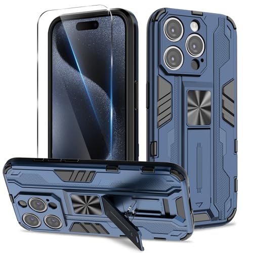 Btstring Hülle kompatibel mit iPhone 15 Pro mit Schutzfolie, Militär Standard Cover Case Standfunktion Handy Hüllen, Blau von Btstring