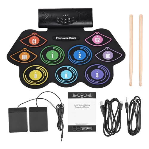 Btuty Elektronisches Schlagzeug-Set, 9 Pads, eingebauter Stereo-Lautsprecher mit Drumsticks, Fußpedal, buntes Handroll-Schlagzeug-Set, Übungspad, Schlagzeug-Set von Btuty