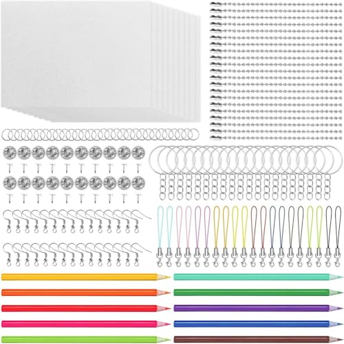 Bueyrfrq Set Aus Schrumpffolie mit Leeren Blättern, Schrumpfkunstpapier, Buntstiften, Schlüsselanhängern, Ohrringhaken, zum Basteln von Bueyrfrq