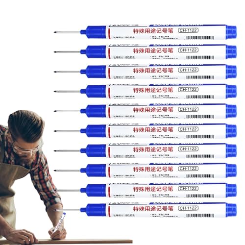 Buhygn Langkopf Tieflochmarker, mechanischer Tischlerstift, Tiefloch-Holzbearbeitungsstift, einfach zu bedienen, weit verbreitet, 1 Box mit 10 Stück, Schwarz/Blau/Rot für Tischler von Buhygn