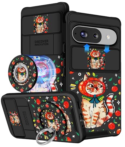 Buleens Schutzhülle für Google Pixel 9 / Pixel 9 Pro, mit Ringständer und Kamera-Abdeckung, ästhetisch, niedliches Design, für Damen und Mädchen, Kawaii-Katze, coole Teenager, kompatibel mit Magsafe von Buleens