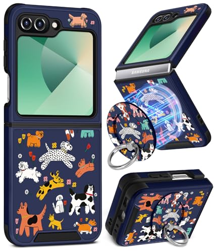 Buleens Schutzhülle für Samsung Galaxy Z Flip 6, mit Ringständer und Kamera-Abdeckung, ästhetisch, niedlich, entworfen für Frauen und Mädchen, Cartoon, Kawaii-Hunde, coole Handyhülle für Galaxy Z Flip von Buleens