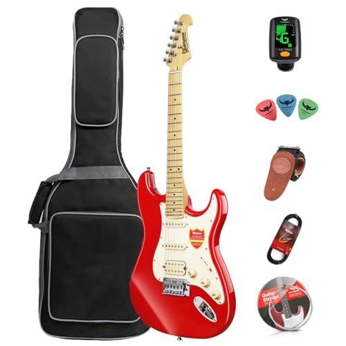 E-Gitarren-Anfänger-Set, 99 cm, volle Größe, Starterpaket mit Verstärker, Tasche, Gurt, Saite, Stimmgerät, Kabel und Plektren (rot) von Bullfighter