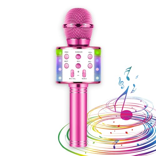 Tragbares Karaoke-Mikrofon für Kinder, kabellos, mit LED-Lichtern, Mikrofon für Kinder, Sprachwechsler, Spielzeug für Mädchen, integrierter Lautsprecher, kompatibel mit jedem Disp (Rosa) von Bumaby