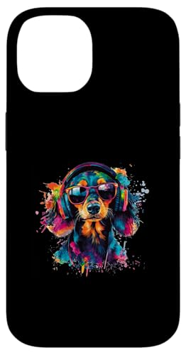 Hülle für iPhone 14 Hund Dackel Musik Kopfhörer Bunt Kunst Fellnase Teckel von Bunte Künstlerische Dachshund Hundemotive