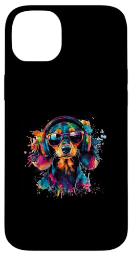 Hülle für iPhone 14 Plus Hund Dackel Musik Kopfhörer Bunt Kunst Fellnase Teckel von Bunte Künstlerische Dachshund Hundemotive