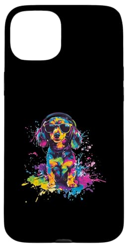 Hülle für iPhone 15 Plus Hund Dackel Musik Kopfhörer Bunt Kunst Fellnase Teckel von Bunte Künstlerische Dachshund Hundemotive