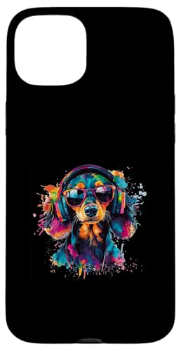 Hülle für iPhone 15 Plus Hund Dackel Musik Kopfhörer Bunt Kunst Fellnase Teckel von Bunte Künstlerische Dachshund Hundemotive