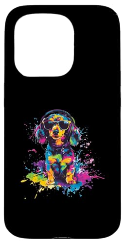 Hülle für iPhone 15 Pro Hund Dackel Musik Kopfhörer Bunt Kunst Fellnase Teckel von Bunte Künstlerische Dachshund Hundemotive