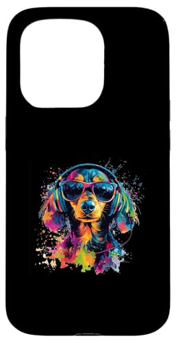 Hülle für iPhone 15 Pro Hund Dackel Musik Kopfhörer Bunt Kunst Fellnase Teckel von Bunte Künstlerische Dachshund Hundemotive