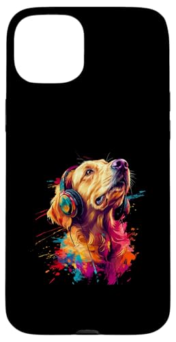 Hülle für iPhone 15 Plus Bunt Künstlerisch Golden Retriever Musik Kopfhörer Goldie von Bunte Künstlerische Golden Retriever Hundemotive