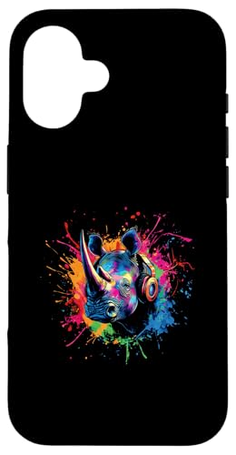 Hülle für iPhone 16 Bunt Rhinozeros mit DJ Kopfhörer Safari Wildtier Nashorn von Bunte Künstlerische Hipster Safari Tier Motive