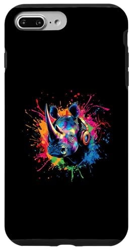 Hülle für iPhone 7 Plus/8 Plus Bunt Rhinozeros mit DJ Kopfhörer Safari Wildtier Nashorn von Bunte Künstlerische Hipster Safari Tier Motive