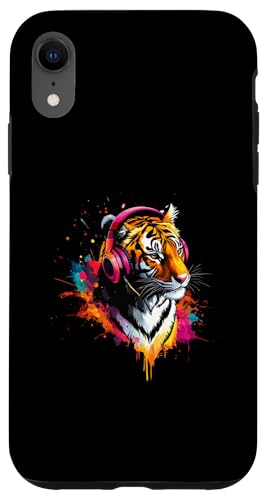 Hülle für iPhone XR Künstlerisch Bunt Tiger mit DJ Kopfhörer Safari von Bunte Künstlerische Hipster Safari Tier Motive