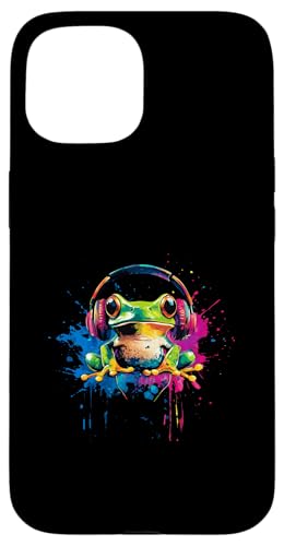 Hülle für iPhone 15 Bunt Frosch mit DJ Kopfhörer Kröte Waldtiere Laubfrosch von Bunte Künstlerische Hipster Waldtiere Tier Motive