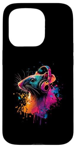 Hülle für iPhone 15 Pro Bunt Künstlerisch Hausratte Maus Musik Kopfhörer Ratte von Bunte Künstlerische Ratte Hausratte Maus Motif