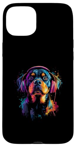 Hülle für iPhone 15 Plus Bunt Künstlerisch Rottweiler Musik Kopfhörer Rottie Hund von Bunte Künstlerische Rottweiler Hundemotive