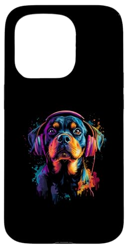 Hülle für iPhone 15 Pro Bunt Künstlerisch Rottweiler Musik Kopfhörer Rottie Hund von Bunte Künstlerische Rottweiler Hundemotive