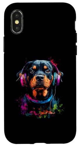 Hülle für iPhone X/XS Bunt Künstlerisch Rottweiler Musik Kopfhörer Rottie Hund von Bunte Künstlerische Rottweiler Hundemotive