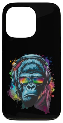 Hülle für iPhone 13 Pro Bunter Gorilla mit Kopfhörern Rainbow Vibes Affenmotiv von Bunter Gorilla mit Kopfhörern Rainbow Vibes