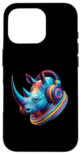 Hülle für iPhone 16 Pro Bunter Nashorn - Nashorn Deko mit Kopfhörern Tierkostüm von Bunter Nashorn mit Kopfhörern