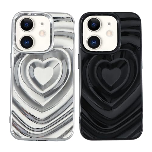 Buoluoioir 2 Stück Hülle für iPhone 12/12 Pro 6,1", Handyhülle mit Niedliches Herz Muster Design Aesthetic Schutzhülle, Weichem Silikon 3D-Wellenherz Stoßfest Kratzfeste Bumper Case, Schwarz&Silber von Buoluoioir