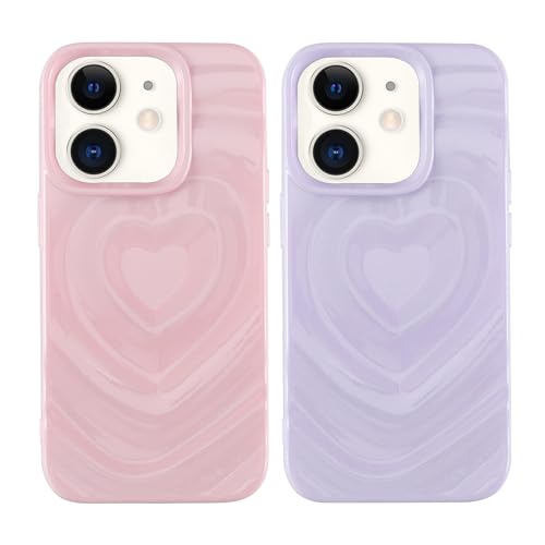 Buoluoioir 2 Stück Hülle für iPhone 12/12 Pro 6,1", Handyhülle mit Niedliches Herz Muster Design Aesthetic Schutzhülle, Weichem TPU Silikon 3D-Wellenherz Stoßfest Kratzfeste Bumper Case, Rosa&Lila von Buoluoioir