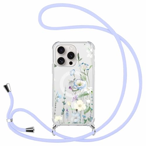 Buoluoioir Handykette Hülle mit Kette für Apple iPhone 15 Pro 6,1" Handyhülle,Blumen Mädchen Aesthetic Design Necklace Magnetische Case mit Kordel zum Umhängen Schutzhülle Cover Schnur,5 von Buoluoioir