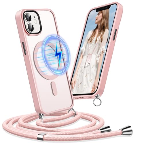 Buoluoioir Handykette für Apple iPhone 12/12 Pro Hülle mit Band, Kompatibel mit MagSafe, Handyhülle Silikon mit Kette Kordel zum Umhängen Kordel TPU Case für iPhone 12/iPhone 12 Pro 6.1",Rosa von Buoluoioir