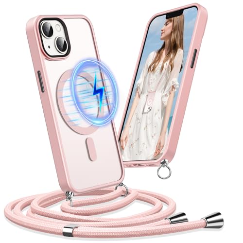 Buoluoioir Handykette für Apple iPhone 13/14 Hülle mit Band, Kompatibel mit MagSafe, Handyhülle Silikon mit Kette Kordel zum Umhängen Kordel TPU Case für iPhone 14/13 6.1",Rosa von Buoluoioir