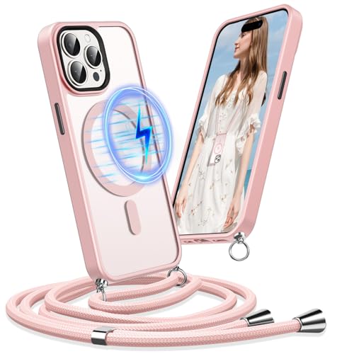 Buoluoioir Handykette für Apple iPhone 15 pro Hülle mit Band, Kompatibel mit MagSafe, Handyhülle Silikon mit Kette Kordel zum Umhängen Kordel TPU Case für Apple iPhone 15 Pro 6.1",Rosa von Buoluoioir