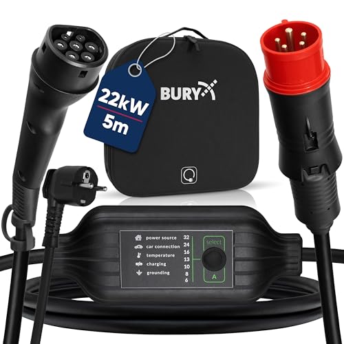 BURY® PowerFlash 9040 EV Ladekabel, Mobiles Ladekabel 22kw mit Typ 2 Adapter, Schuko, Länge ca. 5m, inkl. Tasche, mit optionaler Halterung als Wallbox verwendbar, wasserdicht, staubdicht, überfahrbar von Bury