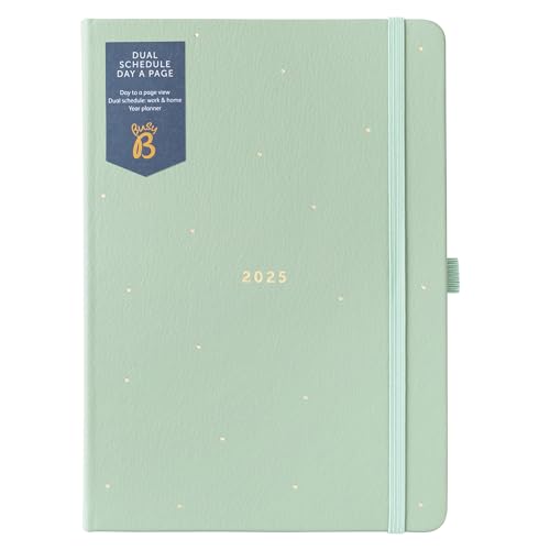 Busy B - Dualer Tagesplaner 2025 - A5 Salbei grünes Tagebuch Journal mit zwei Zeitplänen, Kunstledereinband & Goldfolie - Work-Life Balance Organizer für vielbeschäftigte Berufstätige von Busy B