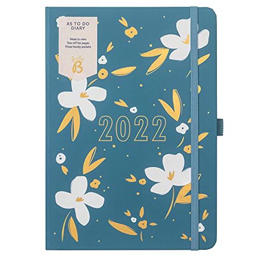 BusyB B - To Do Diary Terminkalender von Januar bis Dezember 2022 - Blau Blumen A5 Wochenansicht Terminkalender mit Notizen, Abreißlisten und Steckfächern von Busy B