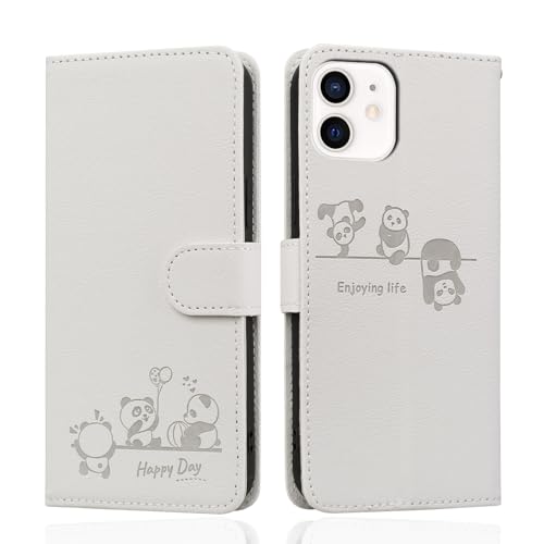 Butnyeoe Handyhülle für iPhone 12 Mini Klappbar, iPhone 13 Mini Hülle Tasche, Cute Panda Leder Klapphülle, Stoßfeste Schutzhülle mit Kartenfach, Flip Wallet Cover Case für iPhone Mini, Weiß von Butnyeoe