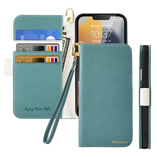 Butnyeoe Handyhülle für iPhone 13 Pro Klappbar Hülle,Litschi Textur Leder Wallet Schutzhülle Tasche Flip Cover Case,Magnetic Closure Klapphülle mit Kartenfach Standfunktion,Blau Grün von Butnyeoe