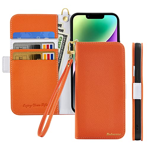 Butnyeoe Handyhülle für iPhone 14 Klappbar Hülle,Litschi Textur Leder Wallet Schutzhülle Tasche Flip Cover Case,Magnetic Closure Klapphülle mit Kartenfach Standfunktion,Orange von Butnyeoe