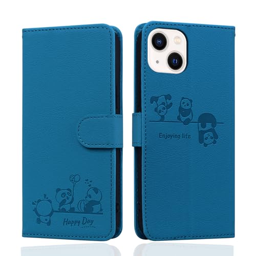 Butnyeoe Handyhülle für iPhone 15 Plus Klappbar, iPhone 15 Plus Hülle Tasche, Cute Panda Leder Klapphülle, Stoßfeste Schutzhülle mit Kartenfach, Flip Wallet Cover Case, Blau von Butnyeoe