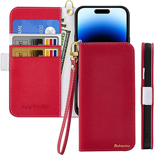 Butnyeoe Handyhülle für iPhone 16 Pro Klappbar Hülle,Litschi Textur Leder Wallet Schutzhülle Tasche Flip Cover Case,Magnetic Closure Klapphülle mit Kartenfach Standfunktion,Rot von Butnyeoe