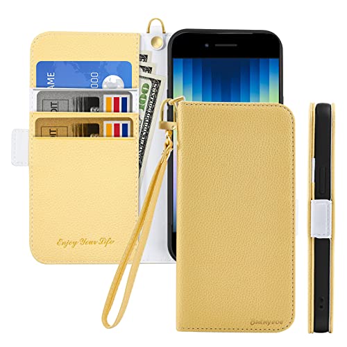 Butnyeoe Handyhülle für iPhone SE 2022/iPhone SE 2020/iPhone 8/iPhone 7 Klappbar Hülle,Litschi Textur Leder Wallet Schutzhülle Tasche Flip Cover Case Klapphülle mit Kartenfach,Gelb von Butnyeoe