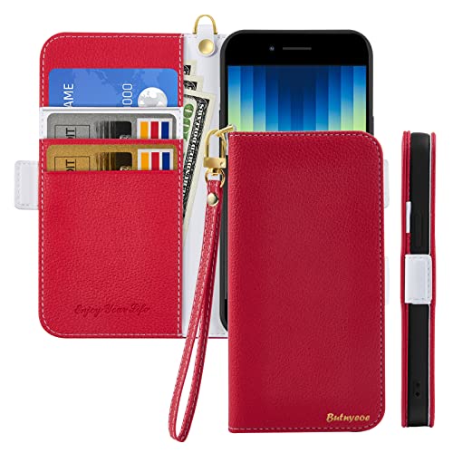 Butnyeoe Handyhülle für iPhone SE 2022/iPhone SE 2020/iPhone 8/iPhone 7 Klappbar Hülle,Litschi Textur Leder Wallet Schutzhülle Tasche Flip Cover Case Klapphülle mit Kartenfach,Rot von Butnyeoe