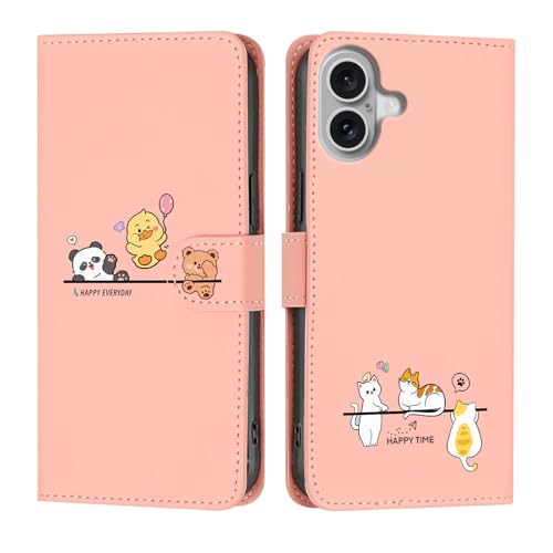 Butnyeoe Hülle für iPhone 16 Plus Klappbar, iPhone 16 Plus Handyhülle Tasche, Cute Cartoon Leder Klapphülle, Stoßfeste Schutzhülle mit Kartenfach, Flip Wallet Cover Case für iPhone 16 Plus, Rosa von Butnyeoe