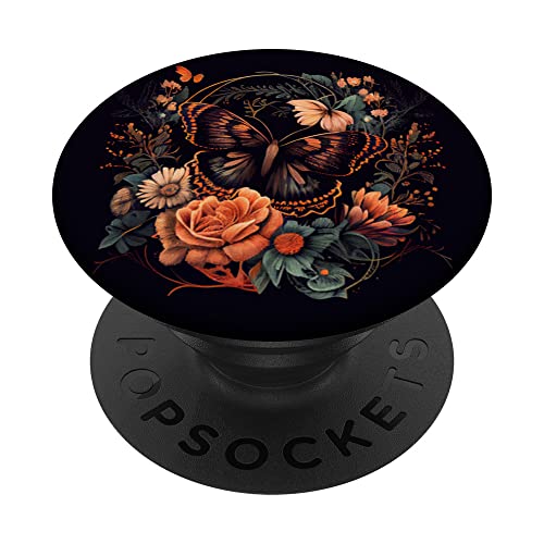 Schmetterling mit Blumen um Boho Schwarz PopSockets mit austauschbarem PopGrip von Butterfly Flower Merch