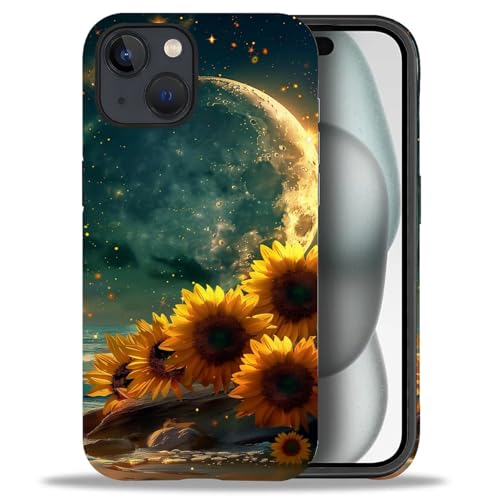 Bvkilrvc Kompatibel mit iPhone 15 Hülle, Golden Moon Sunflower Muster Druck Handyhülle Lustige Flüssigsilikonhülle Stoßfest Stoßfest Schutzhülle von Bvkilrvc