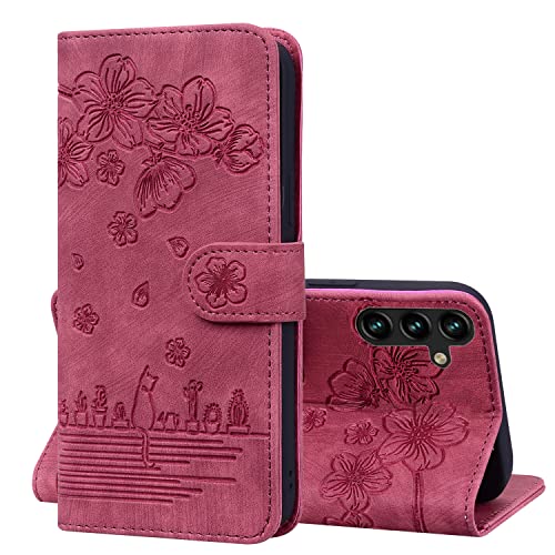 Bxithnr Handyhülle für Samsung Galaxy S24 FE 5G Hülle, Leder Tasche mit [Standfunction] [Kartenfach] Klapphülle Magnetverschluss Blumenmuster Wallet Case für Samsung Galaxy S24 FE 5G - Rot von Bxithnr